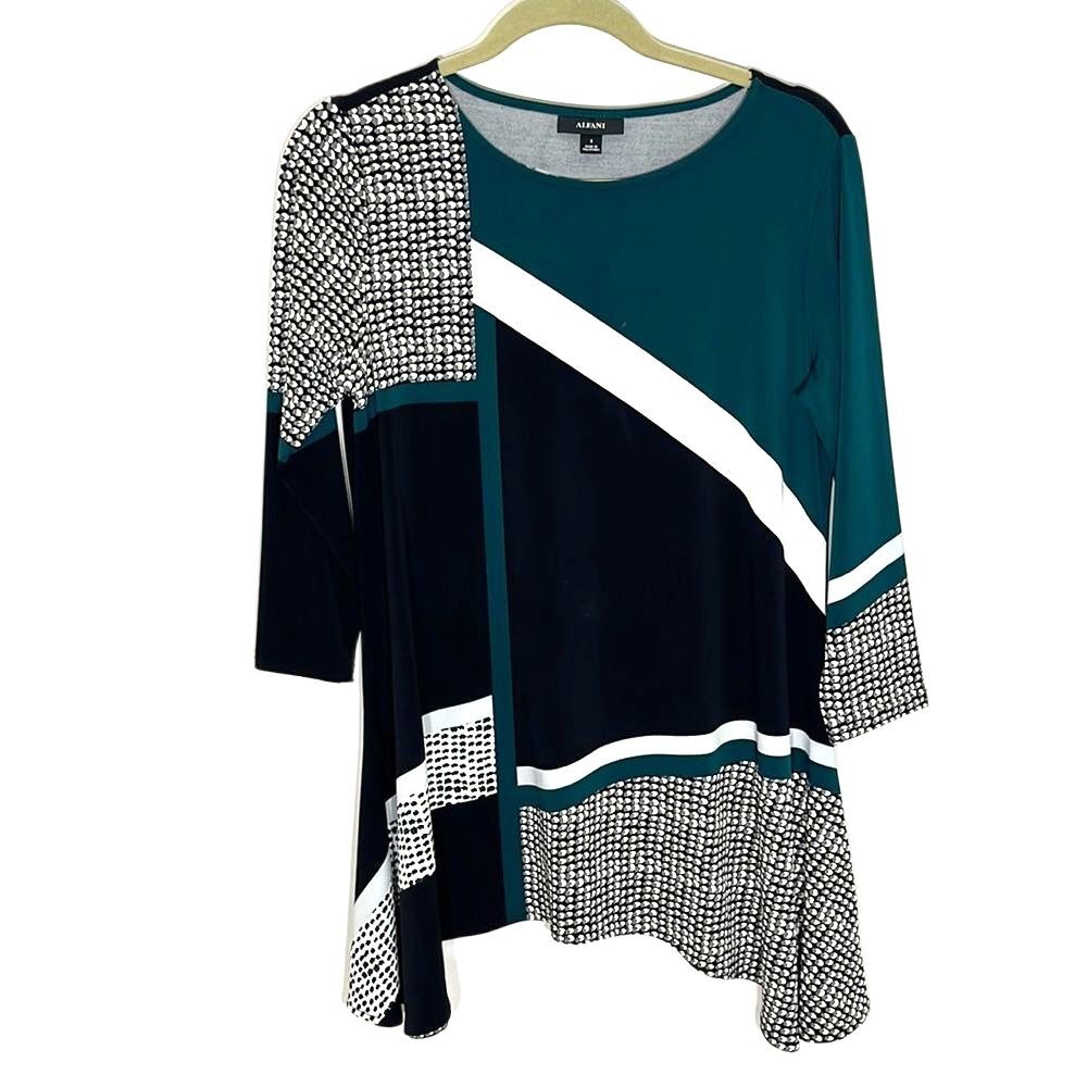 Alfani Abstract-Print Swing Top Green Black White 3/4 Sleeve Size Small